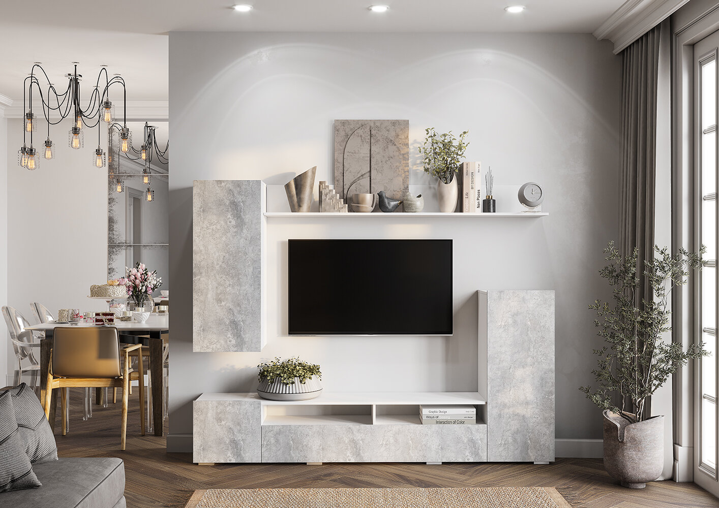 Стенка в гостиную Диаманд, белый/цемент