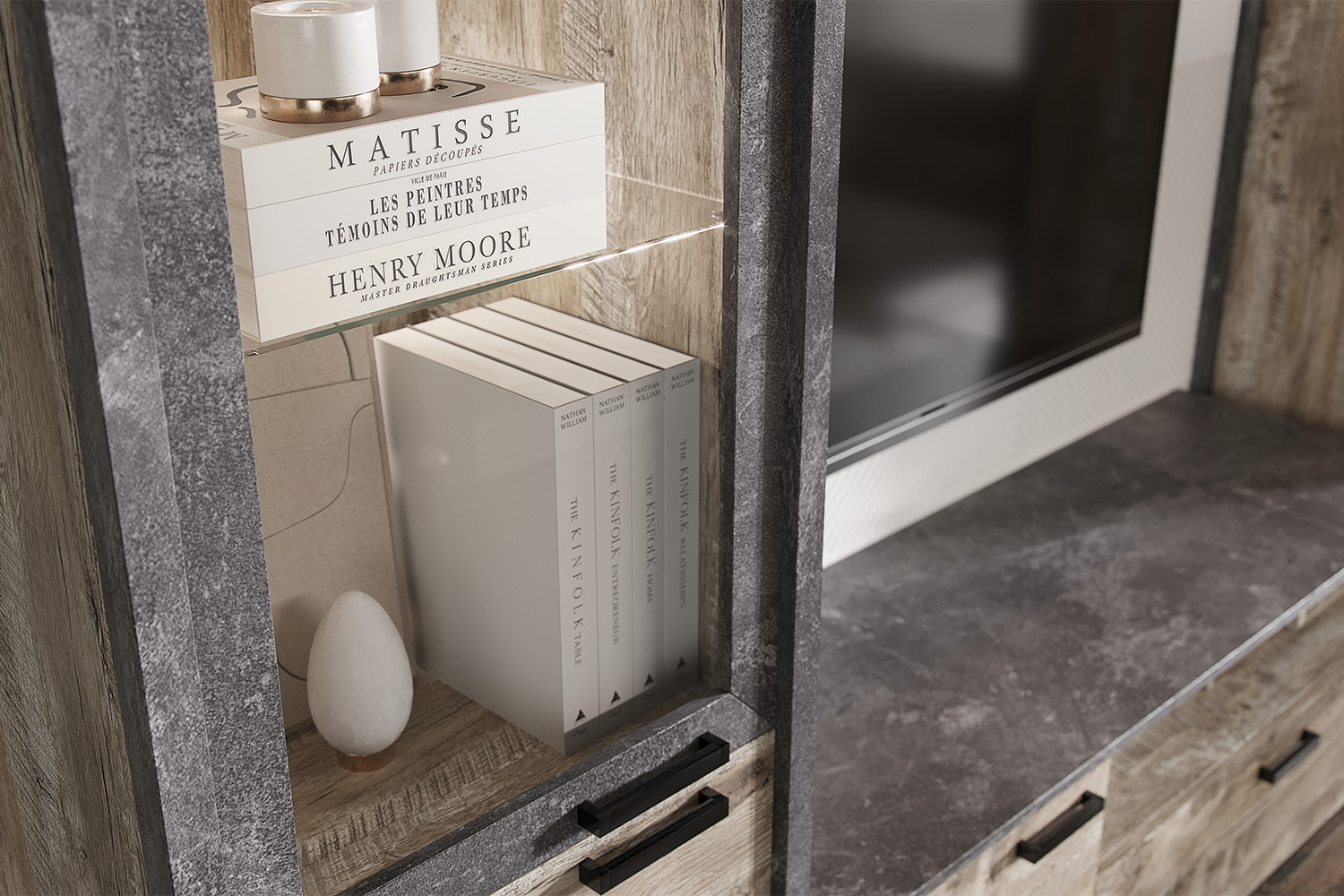 Пенал-стекло Амели, Дуб Юкон, Бетон темный