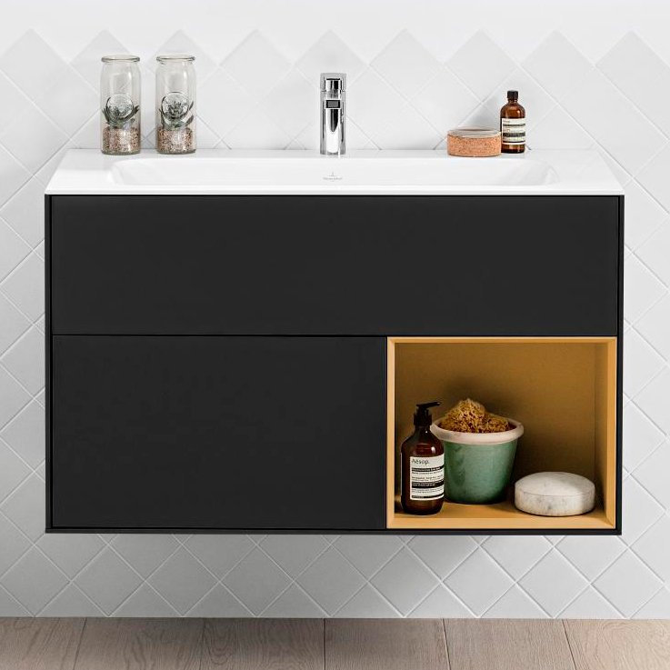 G040HFPD FINION Тумба под раковину 996 x 591 x 498 mm, с подсветкой LED, 2 выдвижных ящика. крепежный комплект Black Matt Lacquer / Gold Matt Lacquer G040HFPD FINION Тумба под раковину 996 x 591 x 498 mm, с подсветкой LED, 2 выдвижных ящика. крепежный комплект Black Matt Lacquer / Gold Matt Lacquer