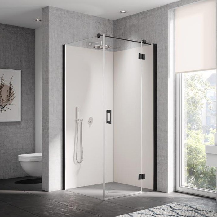 LI SNR 09020 3PK LIGA Распашная дверь с фиксир. панелью H=2000, L=900, профиль Schwarz Soft +стекло прозрачное ESG с KERMIclean (для комб.со стенкой)