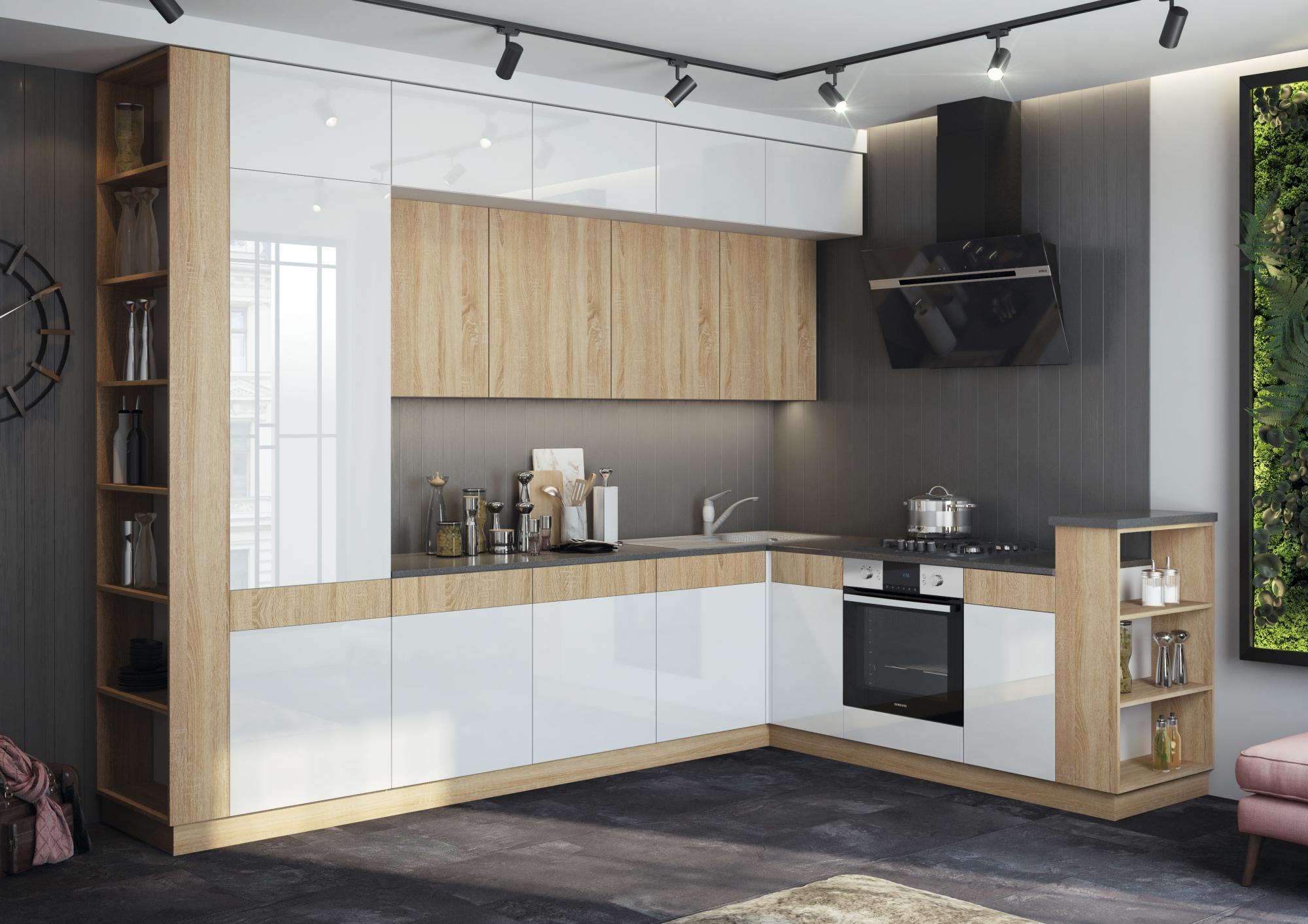 Кухня Техно-5 3,2*2,24м (Сонома/Белый глянец холодный, Белый (Антарес)