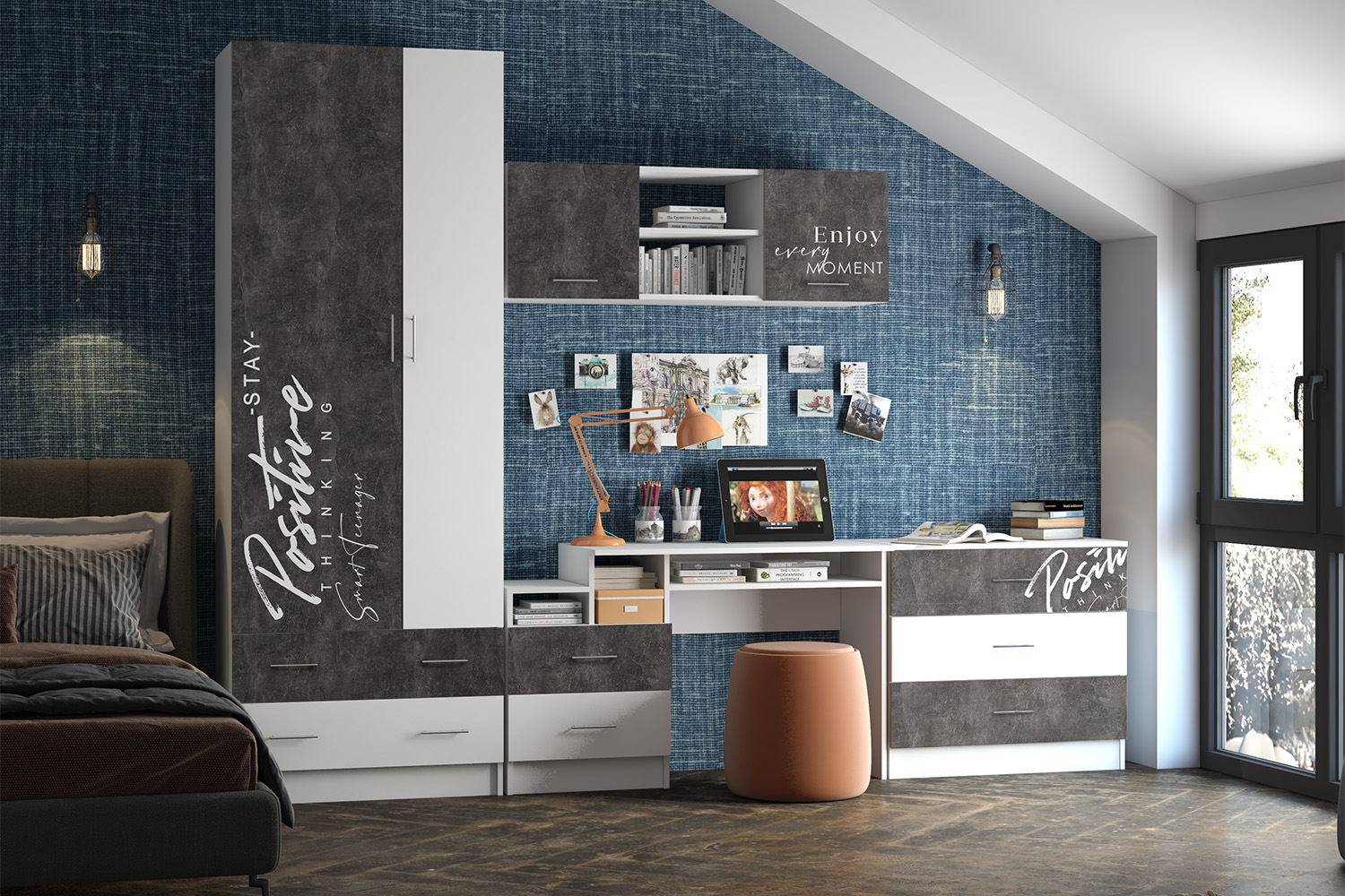 Комод Вега Позитив, Бетон темный, Белый