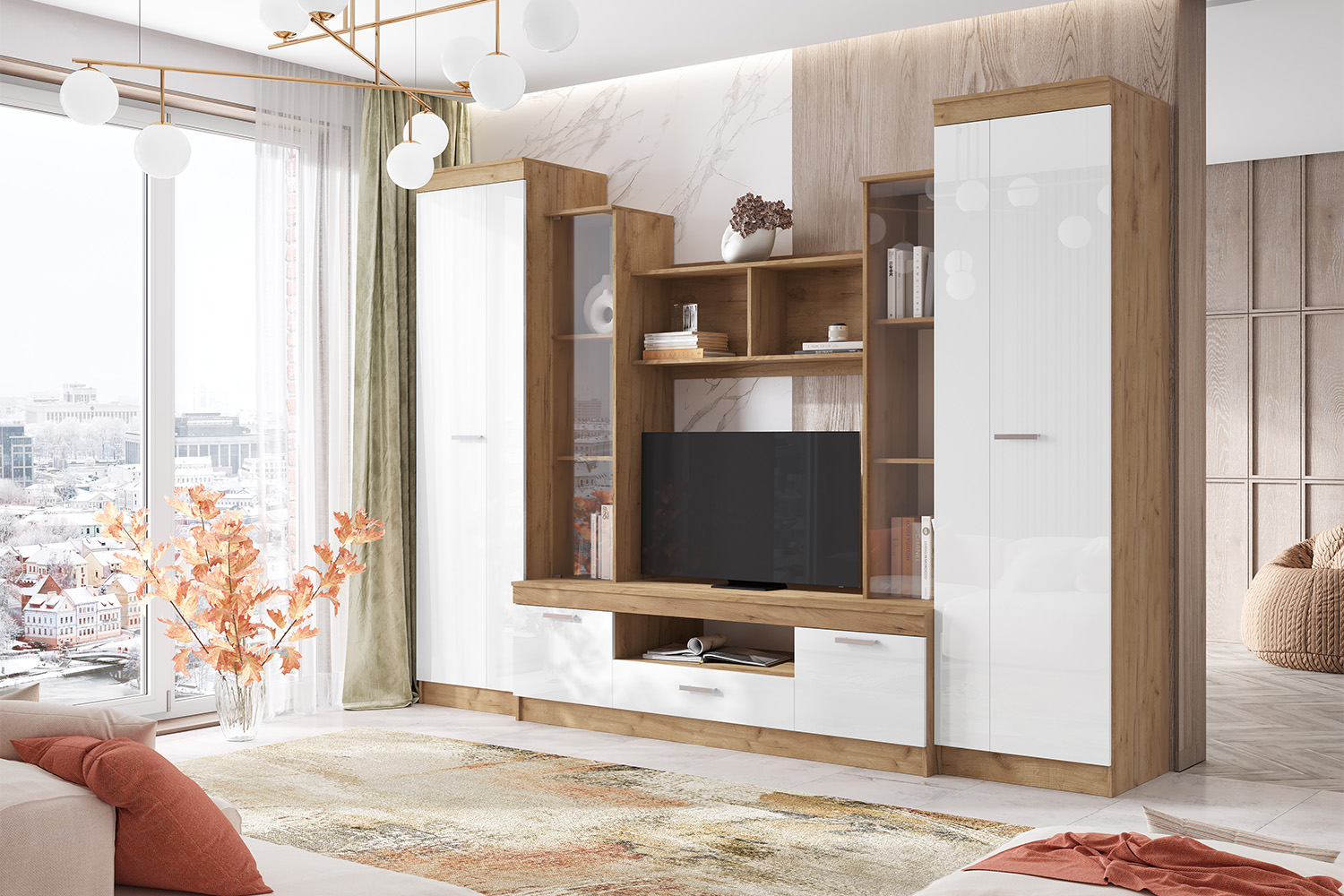 Гостиная Атлантида 6, Дуб крафт, Белый глянец холодный