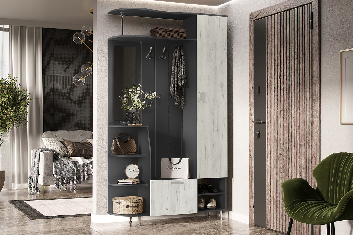 Прихожая Лика №2 1,2м, Графит, Дуб Крафт Белый