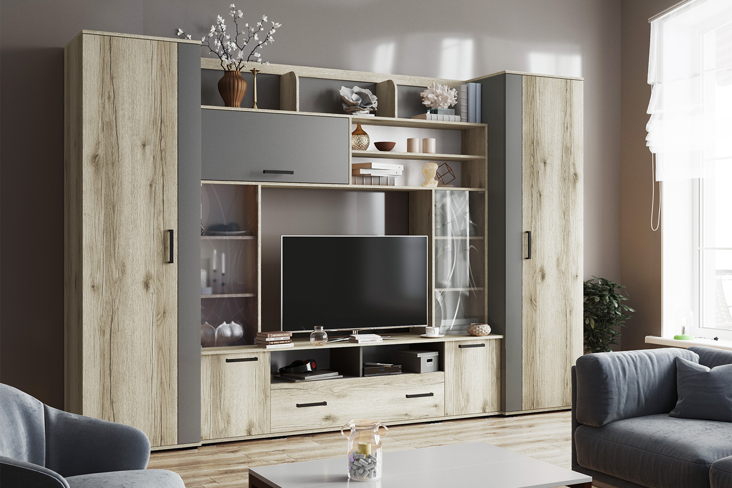 Шкаф платяной Оскар-18, Дуб Делано, Графит серый