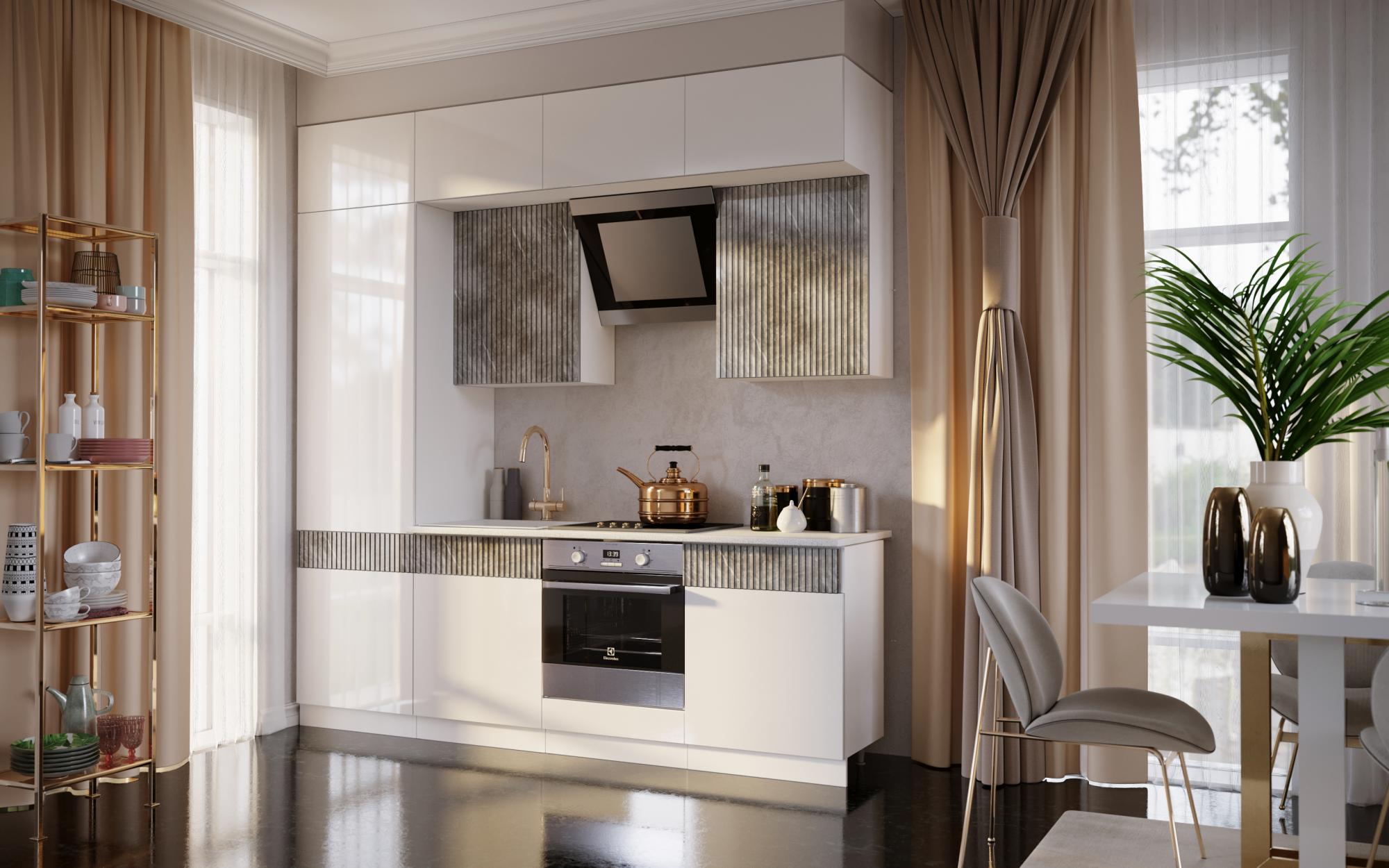 Кухня Оливия NEW 2,4м, Белый глянец холодный / Мрамор глянец