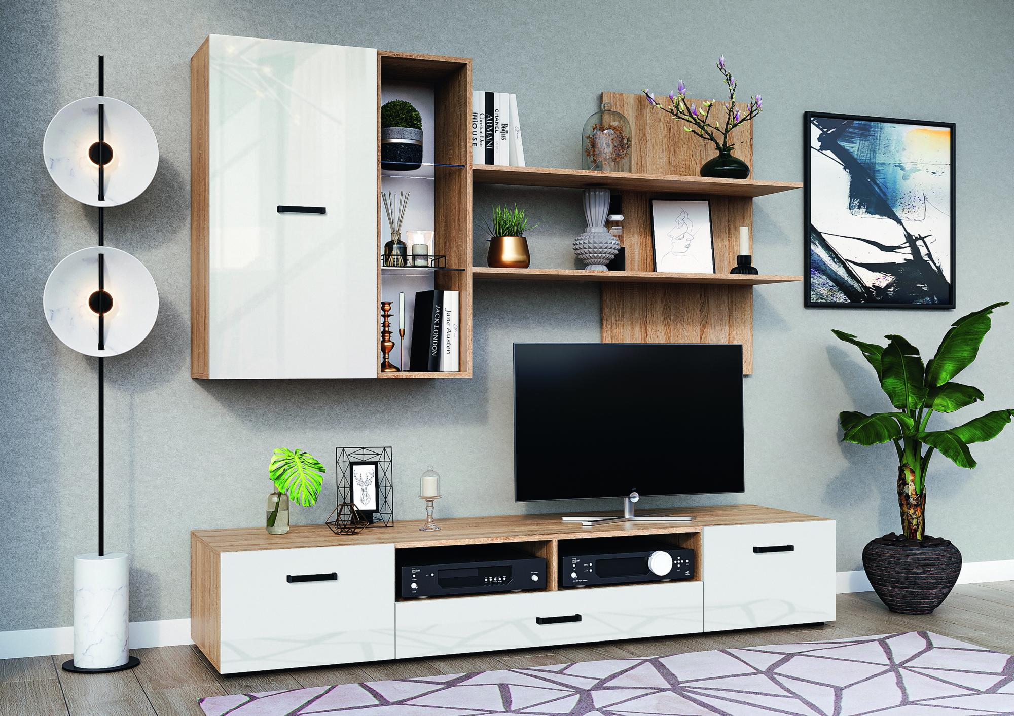 Гостиная Нэнси Вариант №5 (ЛДСП), Белый глянец холодный, Сонома