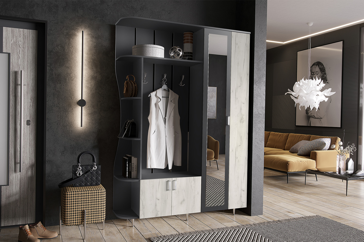 Прихожая Лика №1 1,5м, Графит, Дуб Крафт Белый