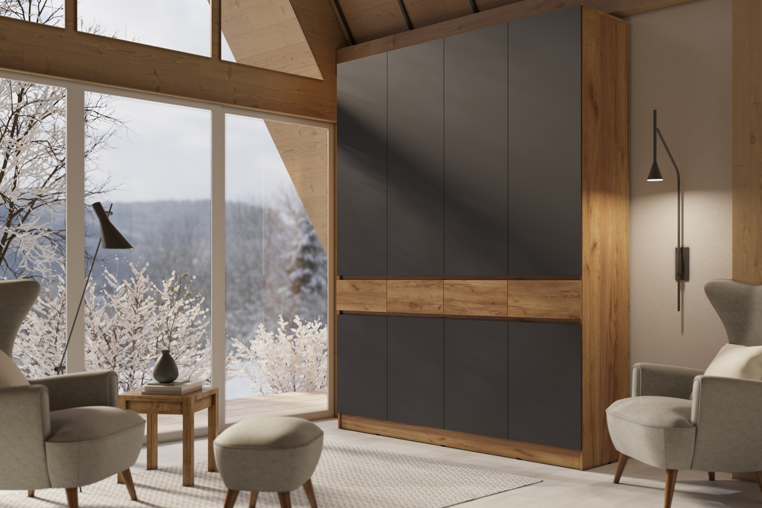 Шкаф четырехстворчатый Роджина, Дуб крафт, Графит