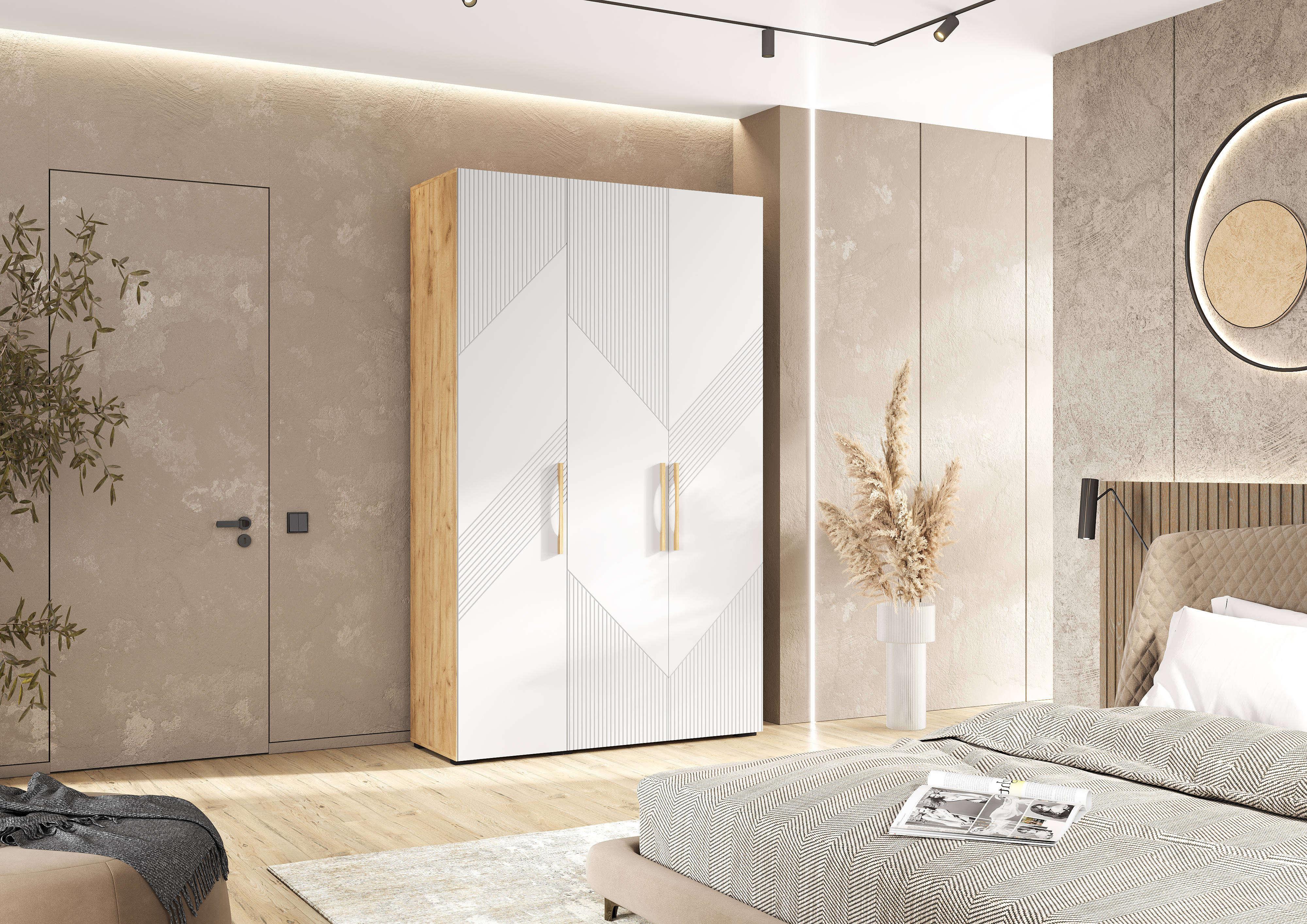 Шкаф трехстворчатый Ирис, Браш Вайт, Дуб Крафт