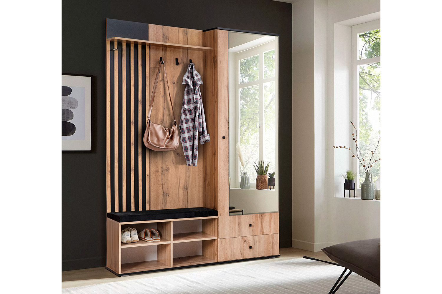 Прихожая с зеркалом Либерти 51.22, Дуб Вотан, Черный