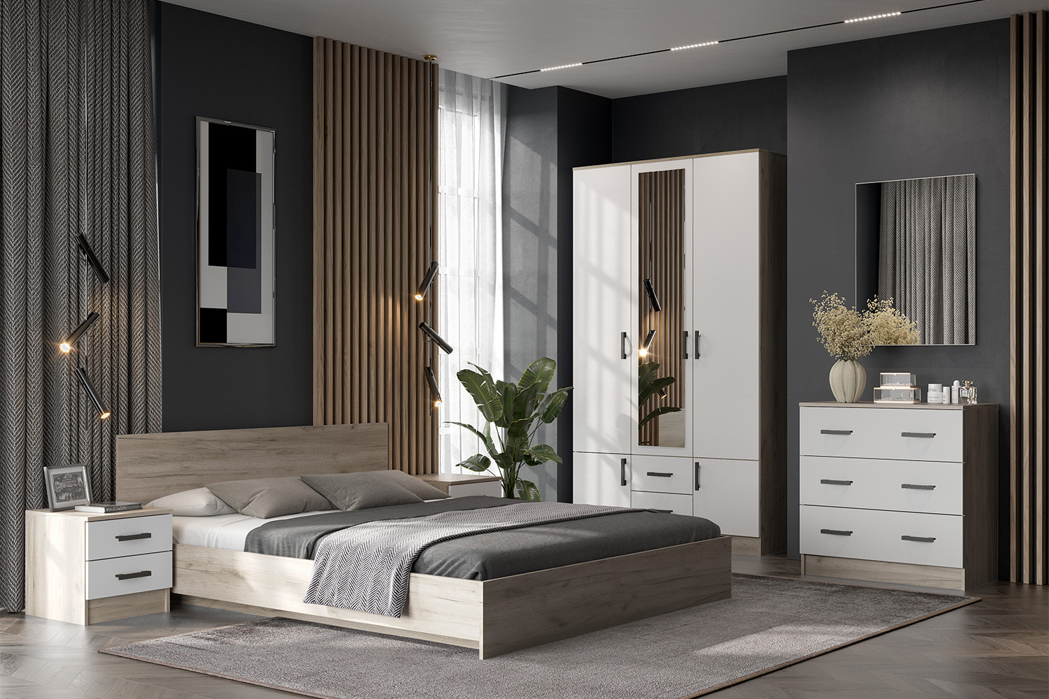 Шкаф трехстворчатый Ронда ШК-3, Дуб крафт серый, Белый