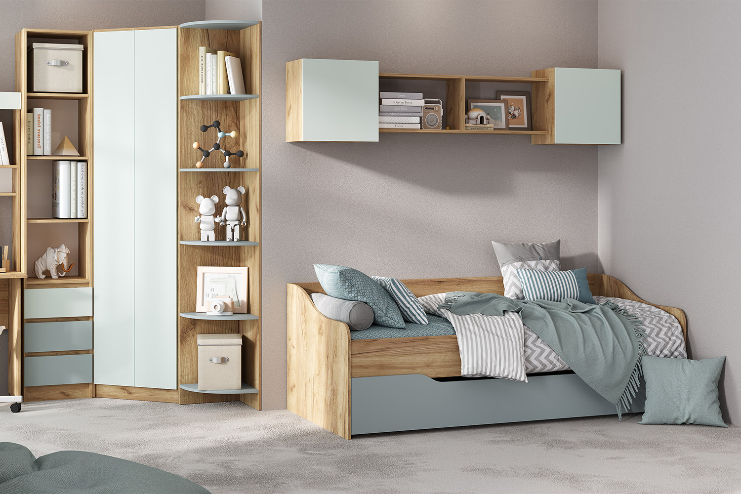 Шкаф угловой Челси Color, Мята темная, Дуб крафт