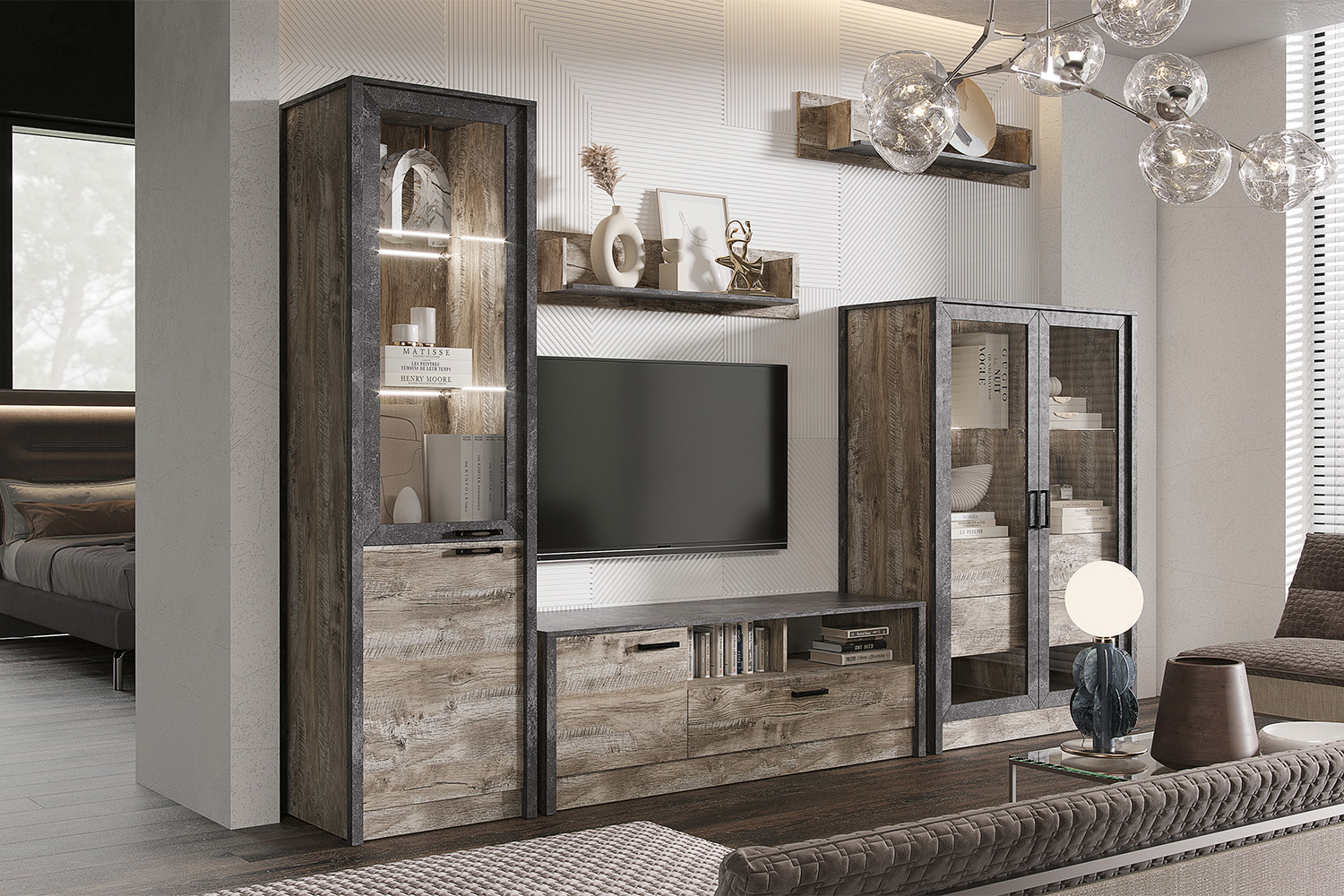 Шкаф-стекло Амели, Дуб Юкон, Бетон темный