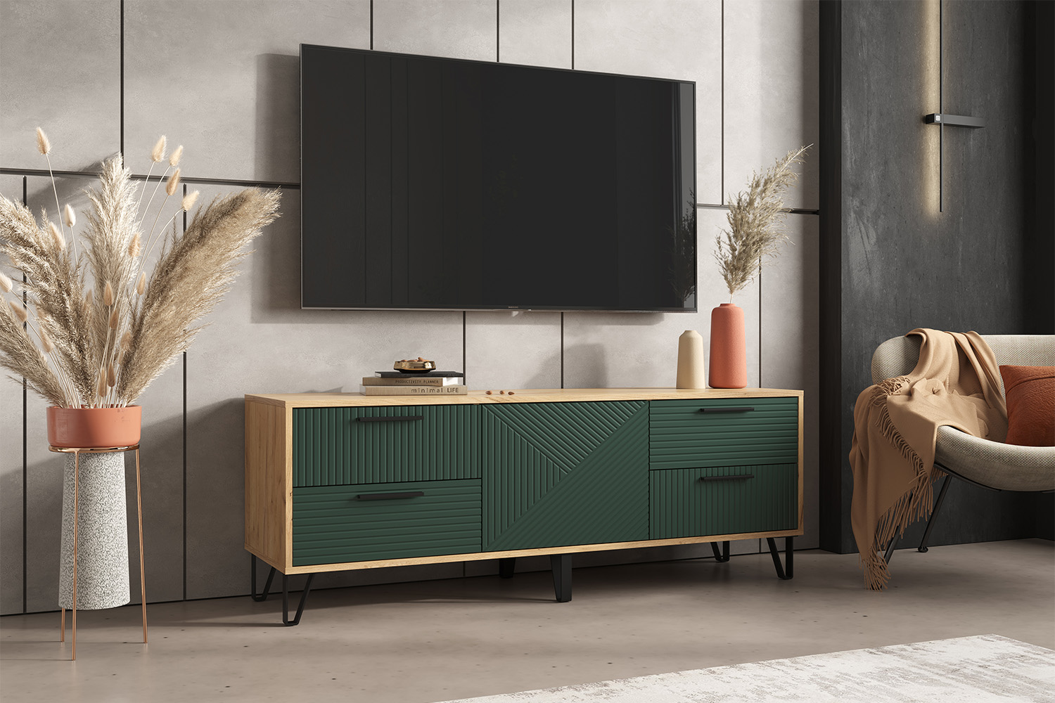 Тумба ТВ Флэш, Браш Мени Грин, Дуб Крафт Тумба ТВ Флэш, Браш Мени Грин, Дуб Крафт