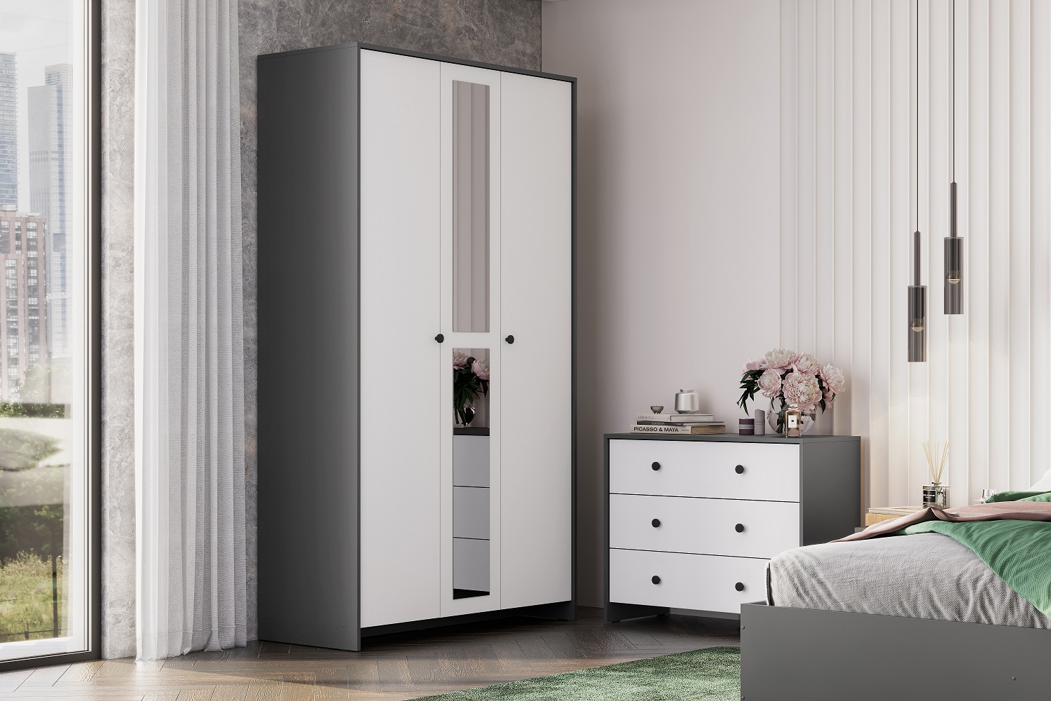 Комод 3 ящика Дольче Графит, Белый