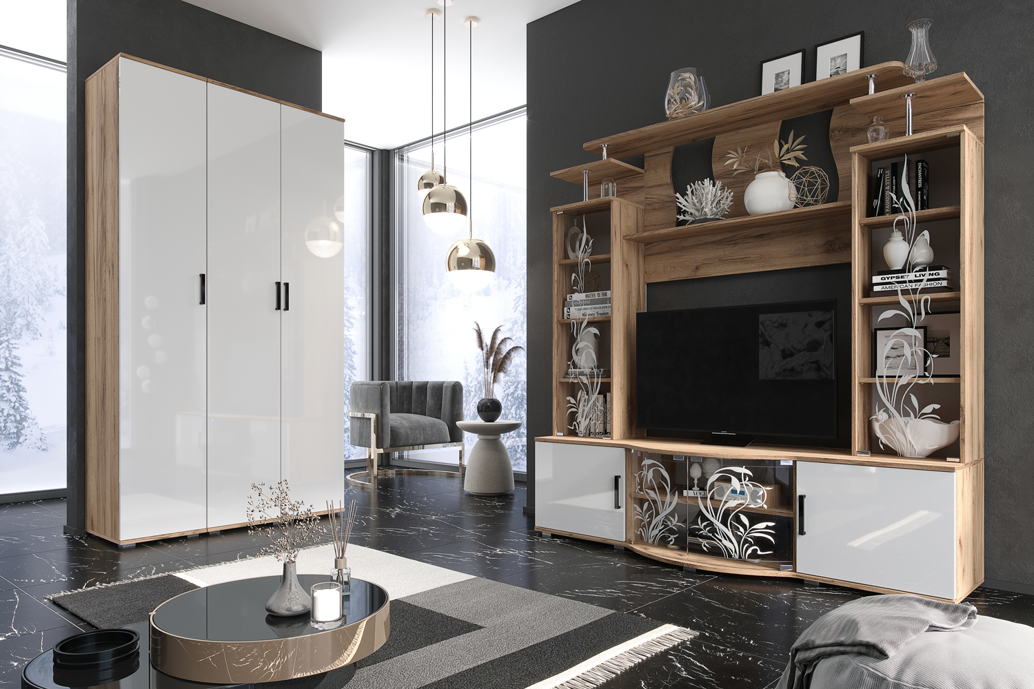 Гостиная Виста, Белый глянец холодный, Дуб Крафт Гостиная Виста, Белый глянец холодный, Дуб Крафт