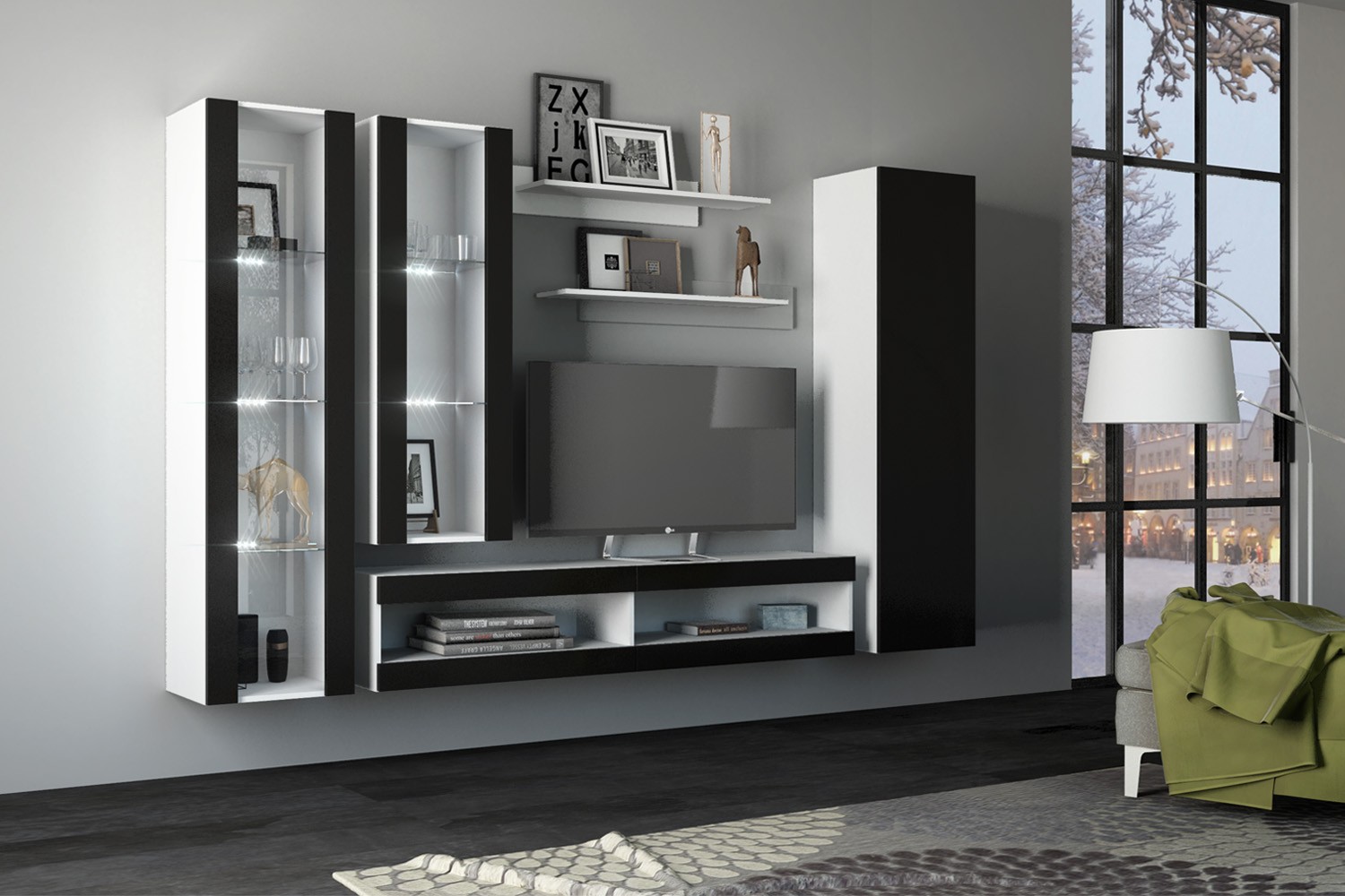 Шкаф со стеклом Флорис ШК-008, Черный глянец, Белый