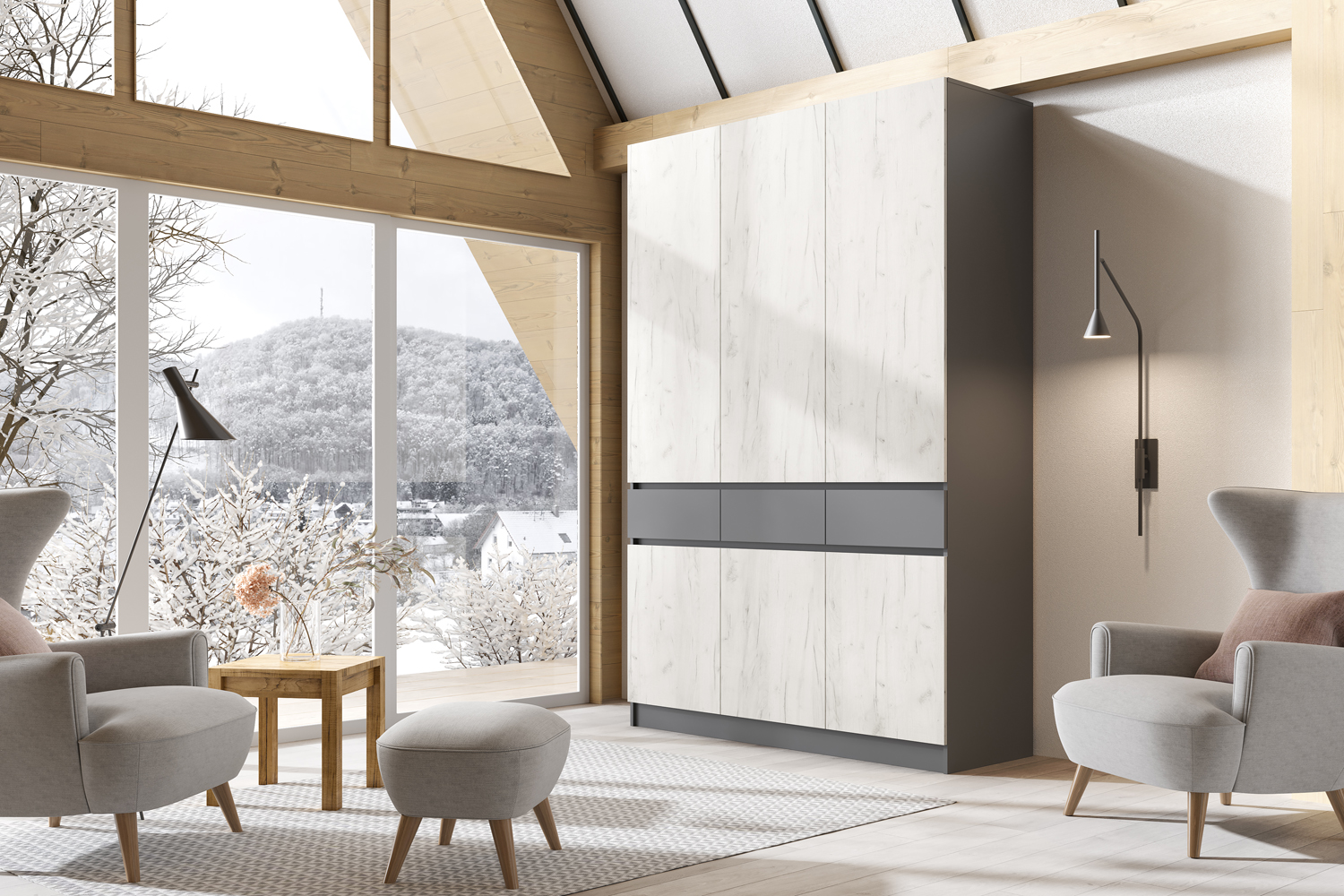 Шкаф трехстворчатый Роджина, Графит, Дуб крафт