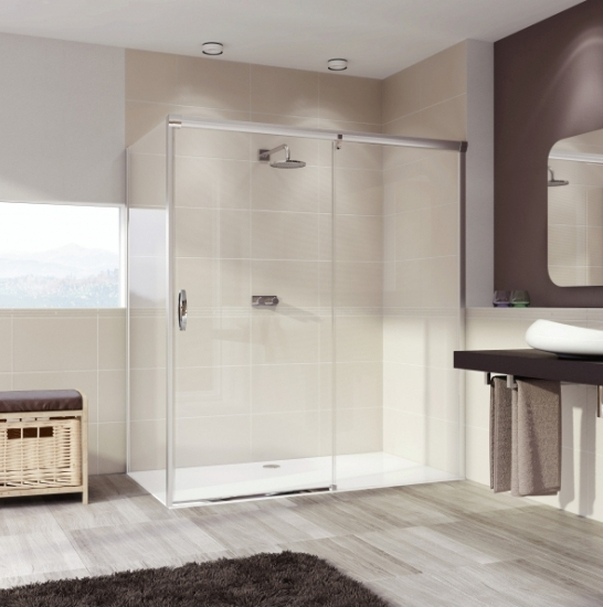 401513.092.321 AURA Односекционная раздвижная дверь 1100 х 2000 мм, с неподв.сегм.,крепл. справа, глянцевый хром,стекло прозрачн.