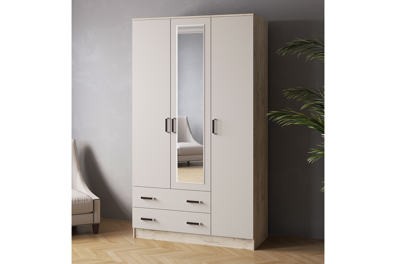 Шкаф комбинированный с зеркалом Лагуна, Дуб крафт серый, Кашемир