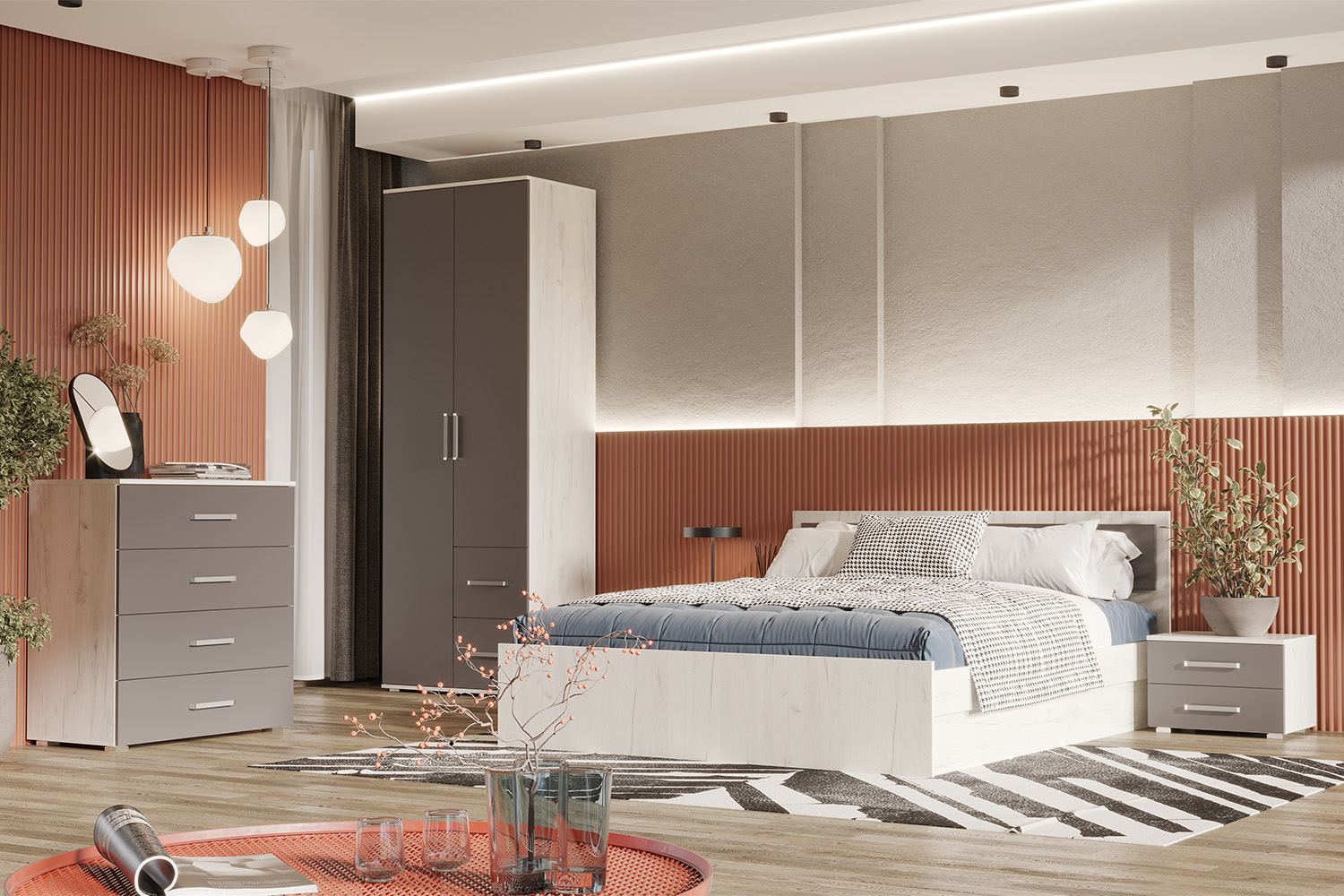 Тумба прикроватная Фиеста (2 шт.), Графит, Дуб Крафт белый