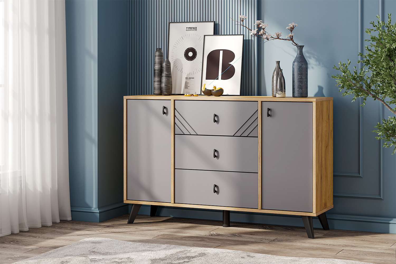 Комод 3 ящика двухстворчатый Байкал, Дуб Золотой, Графит