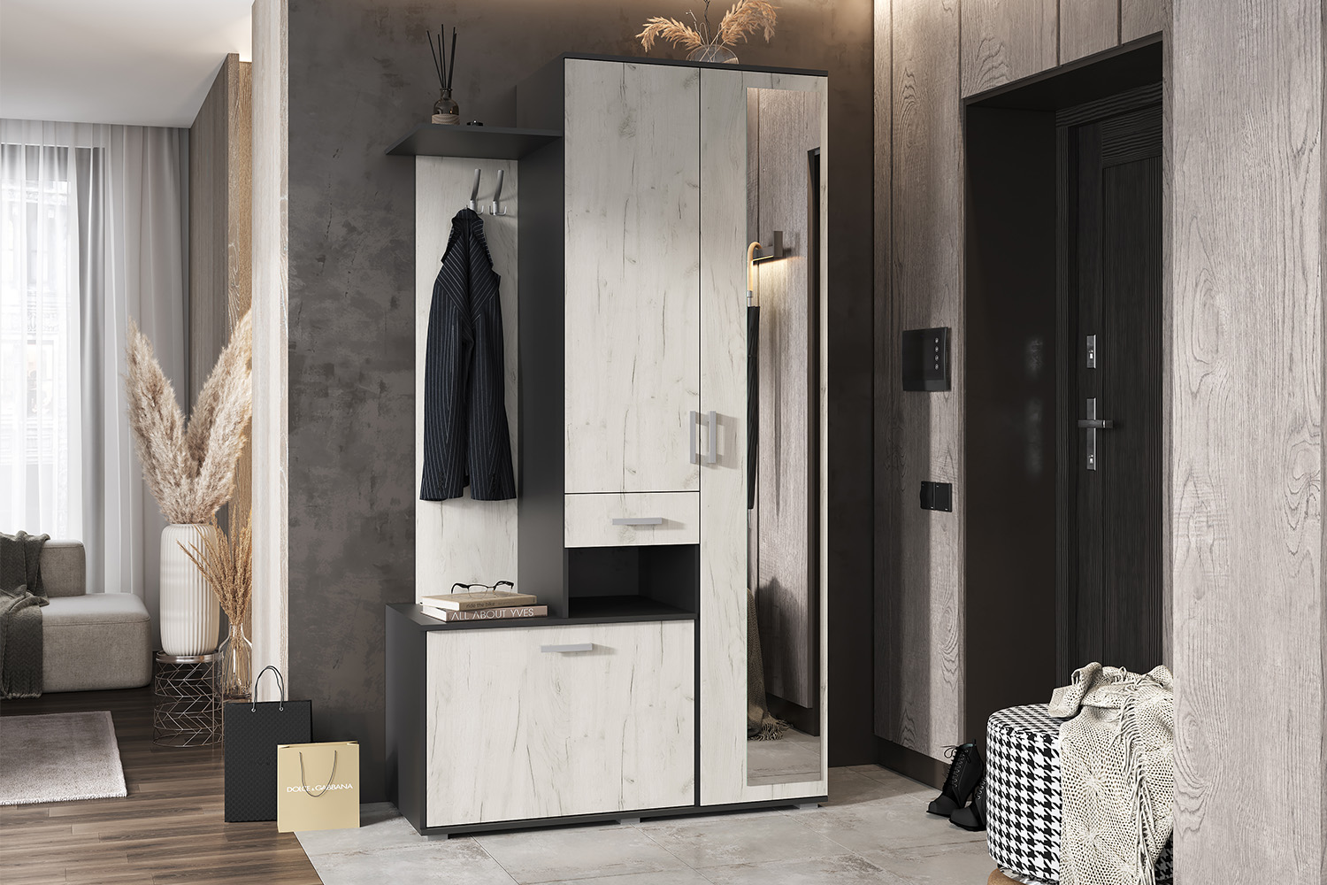 Прихожая Лира, Графит, Дуб крафт белый