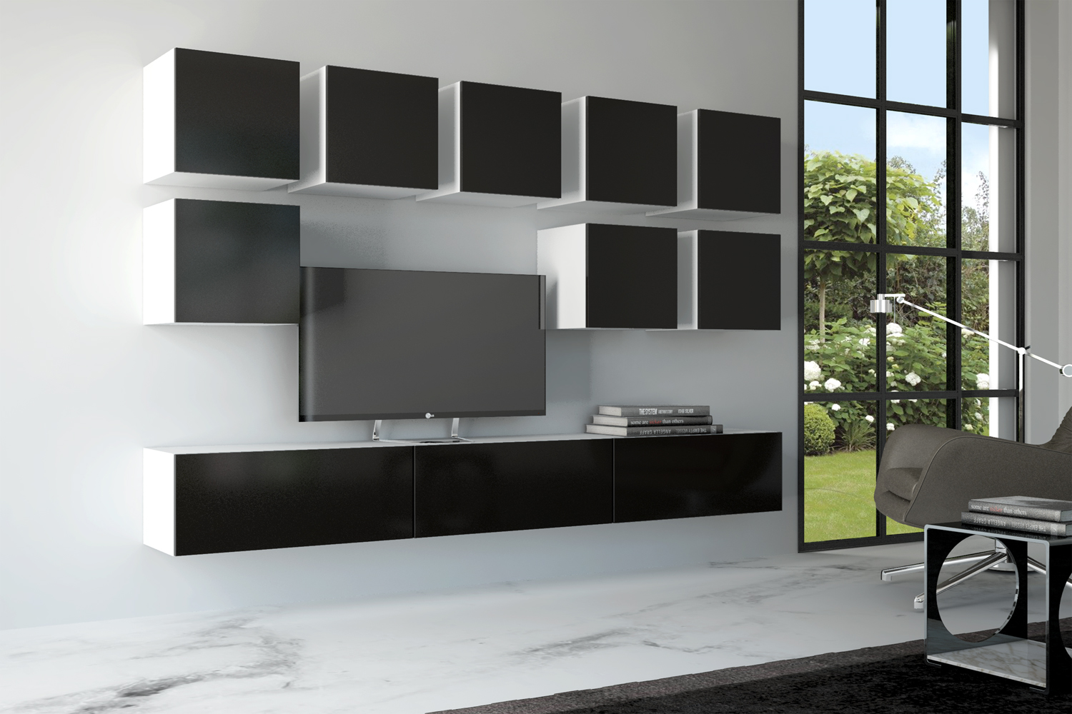 Тумба подвесная Флорис ТБ-005, Черный глянец, Белый