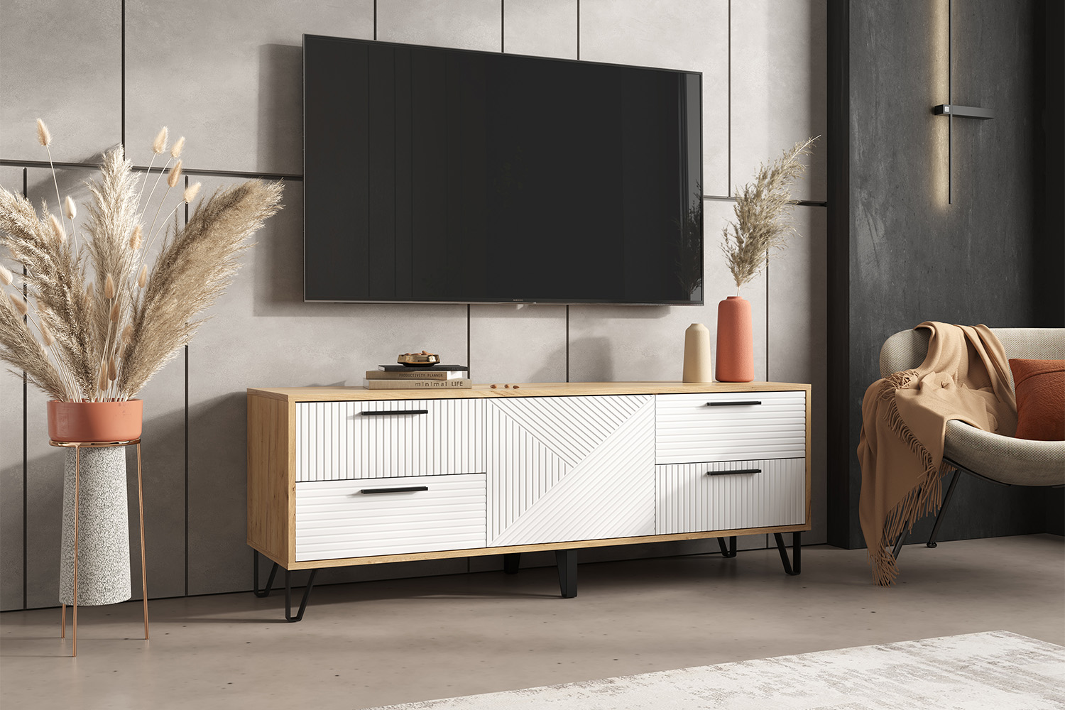 Тумба ТВ Флэш, Браш Вайт, Дуб Крафт Тумба ТВ Флэш, Браш Вайт, Дуб Крафт