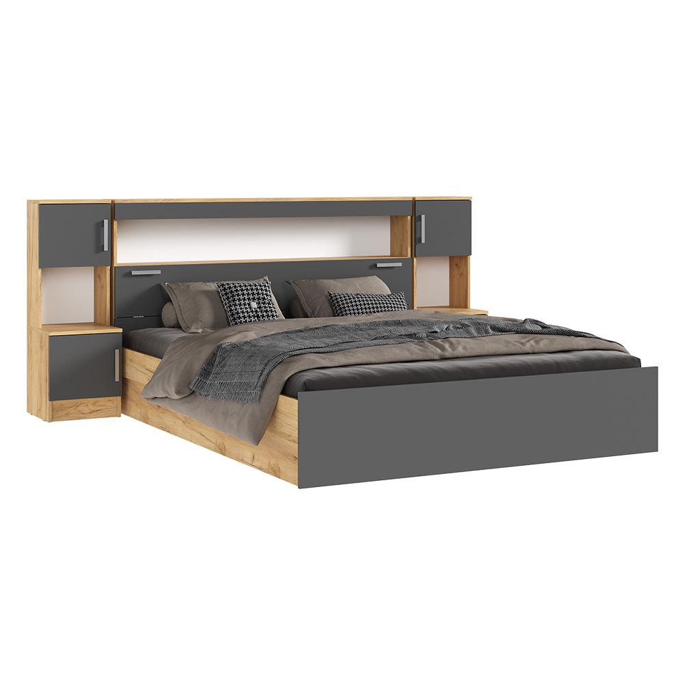Кровать с надстройкой и тумбами Бася 1,6м, Дуб Крафт, Графит