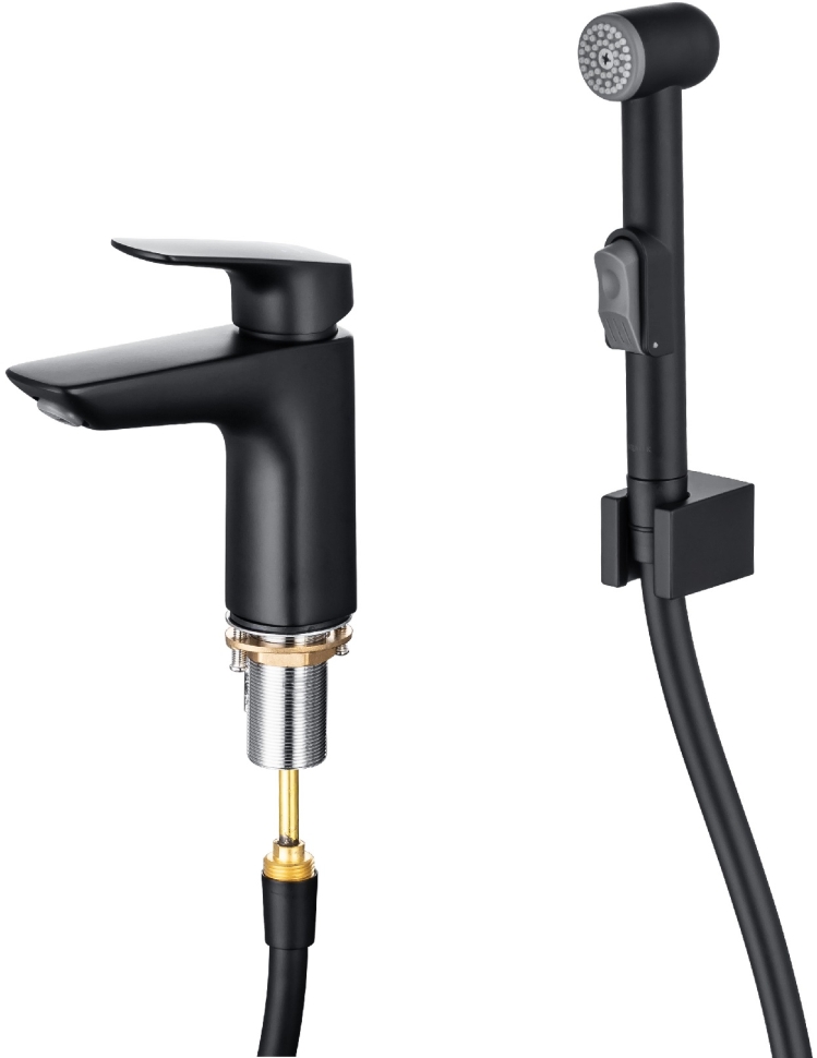 AQ1012MB ВЕГА смеситель для раковины 97 с гигиеническим ручным душем, матовый черный
