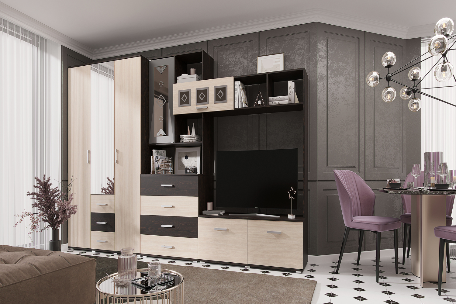 Шкаф трехстворчатый Белла, Дуб беленый, Венге