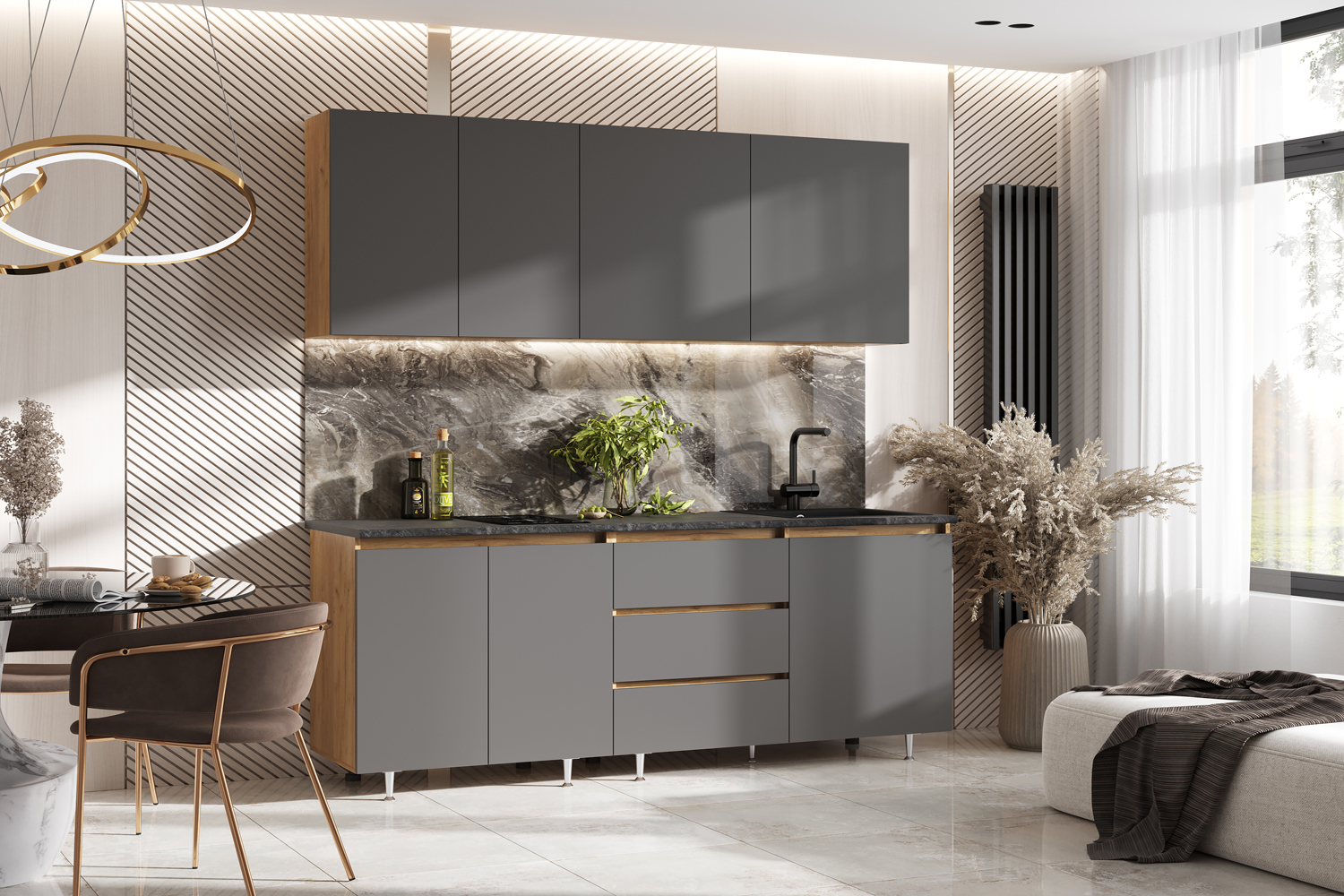 Кухня Челси 2,0м Компоновка №2, Дуб Крафт, Графит (Кастилло) Кухня Челси 2,0м Компоновка №2, Дуб Крафт, Графит (Кастилло)