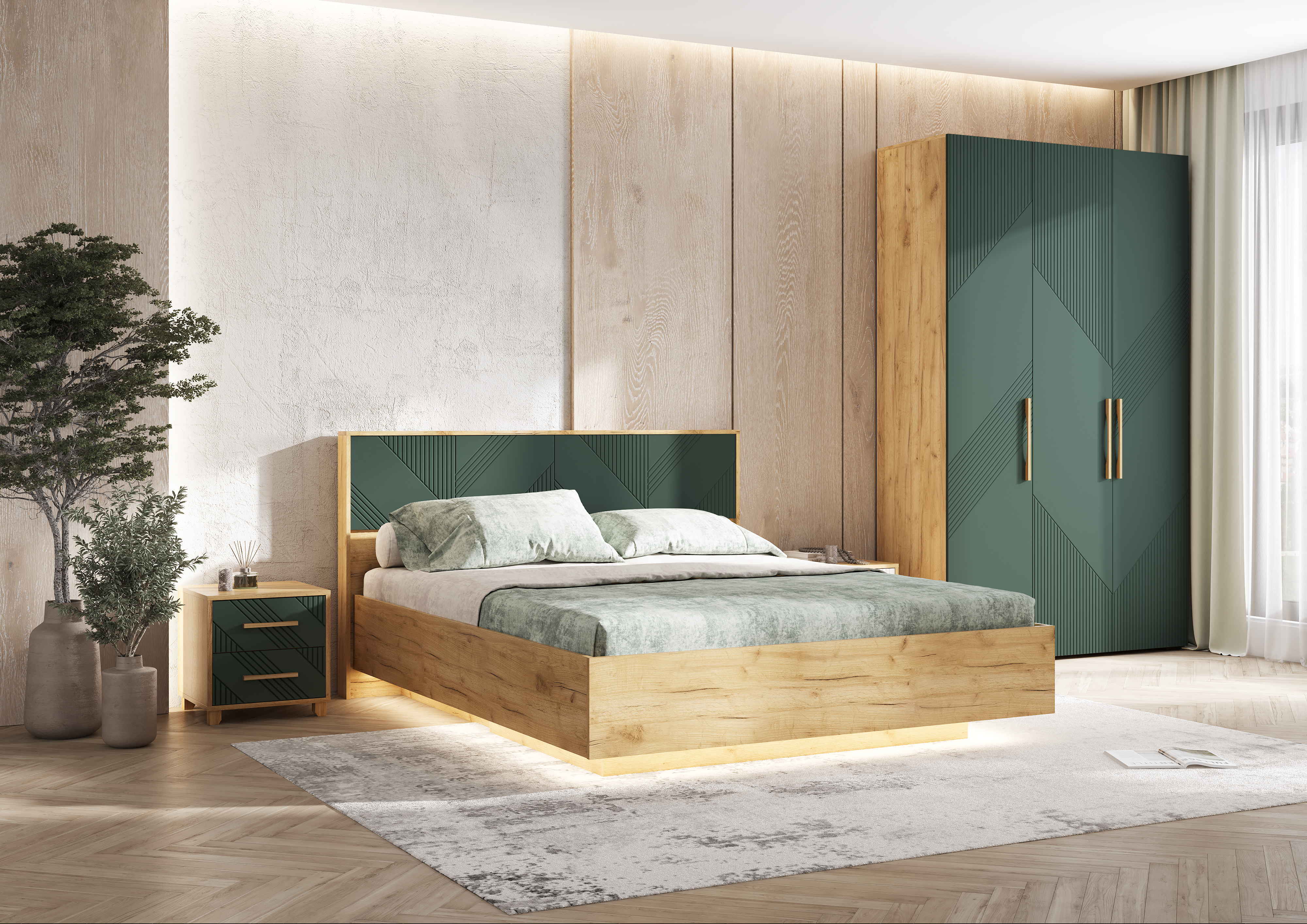 Тумба прикроватная Ирис (2 шт.), Браш Мени Грин, Дуб Крафт