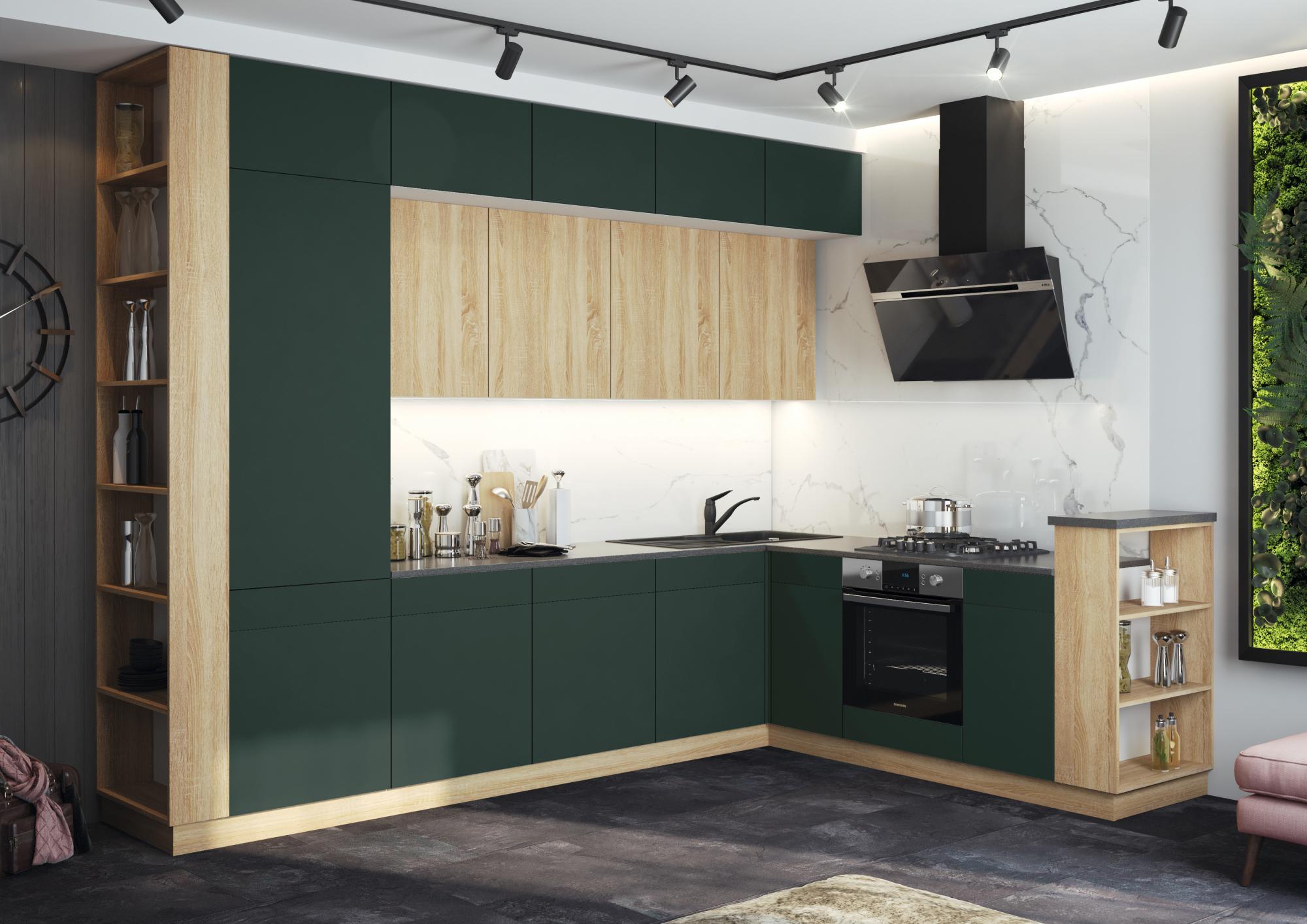 Кухня Техно-5 3,2*2,24м (Сонома/Браш Мени Грин, Белый (Кастилло темный)