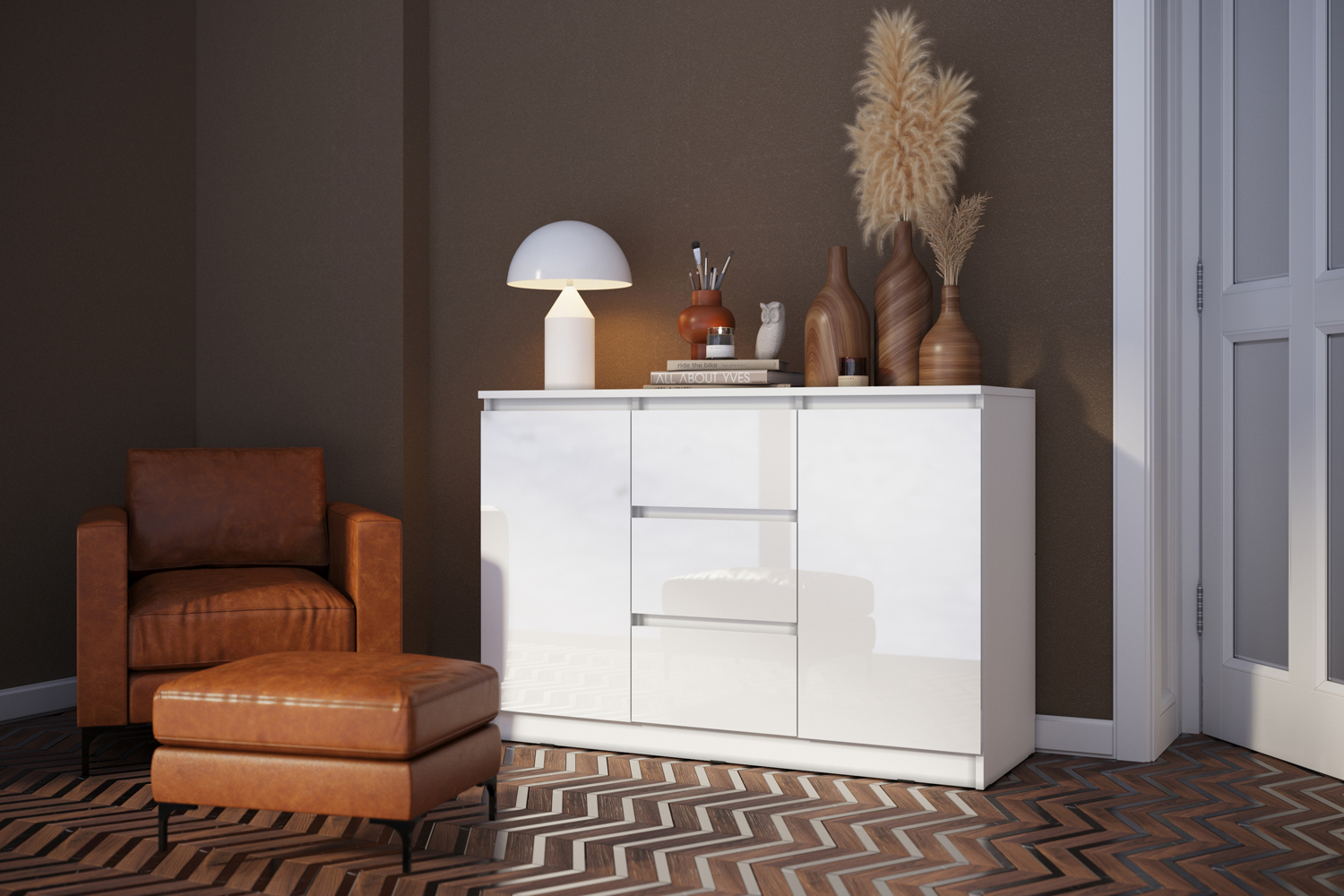 Комод Челси 1200 (2 двери 3 ящика), Белый глянец холодный, Белый