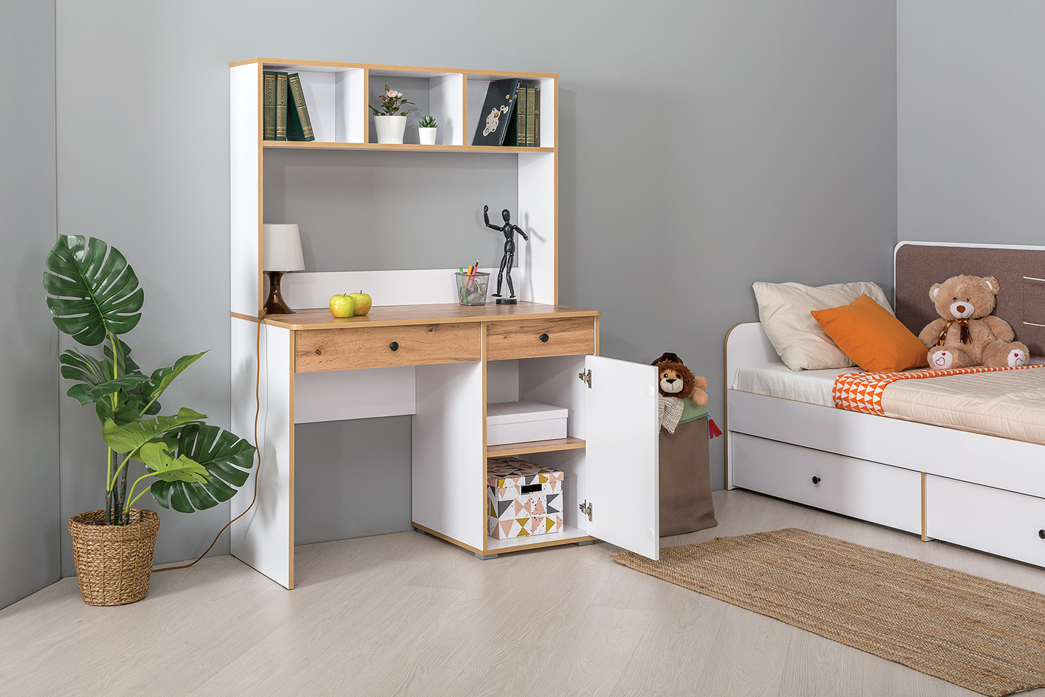 Стол письменный Вуди 12.42, Белый премиум, Дуб Золотой