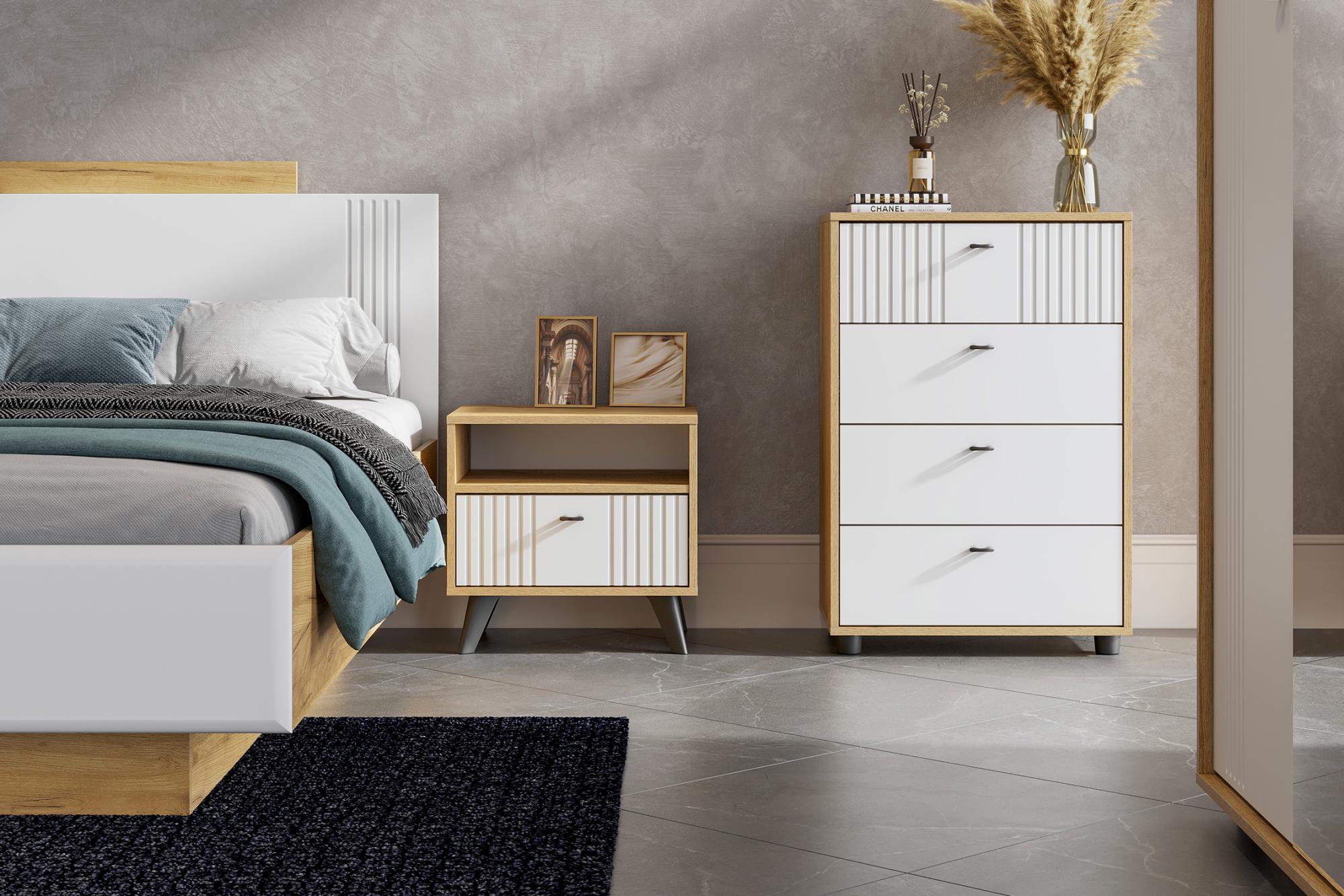 Комод с 4-мя ящиками Милан дуб золотой / белый матовый