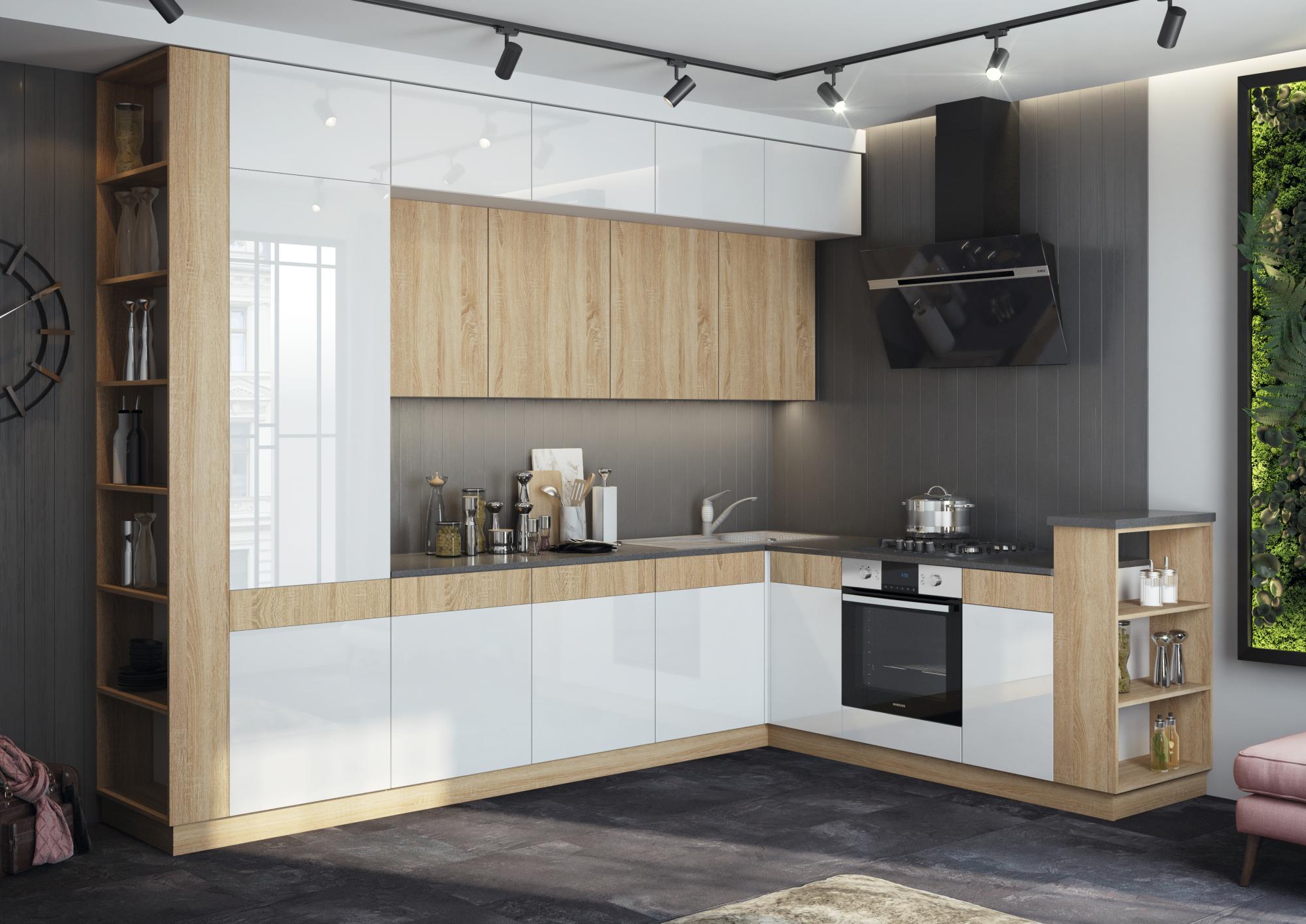 Кухня Техно-5 3,2*2,24м (Сонома/Белый глянец холодный, Сонома (Кастилло темный)