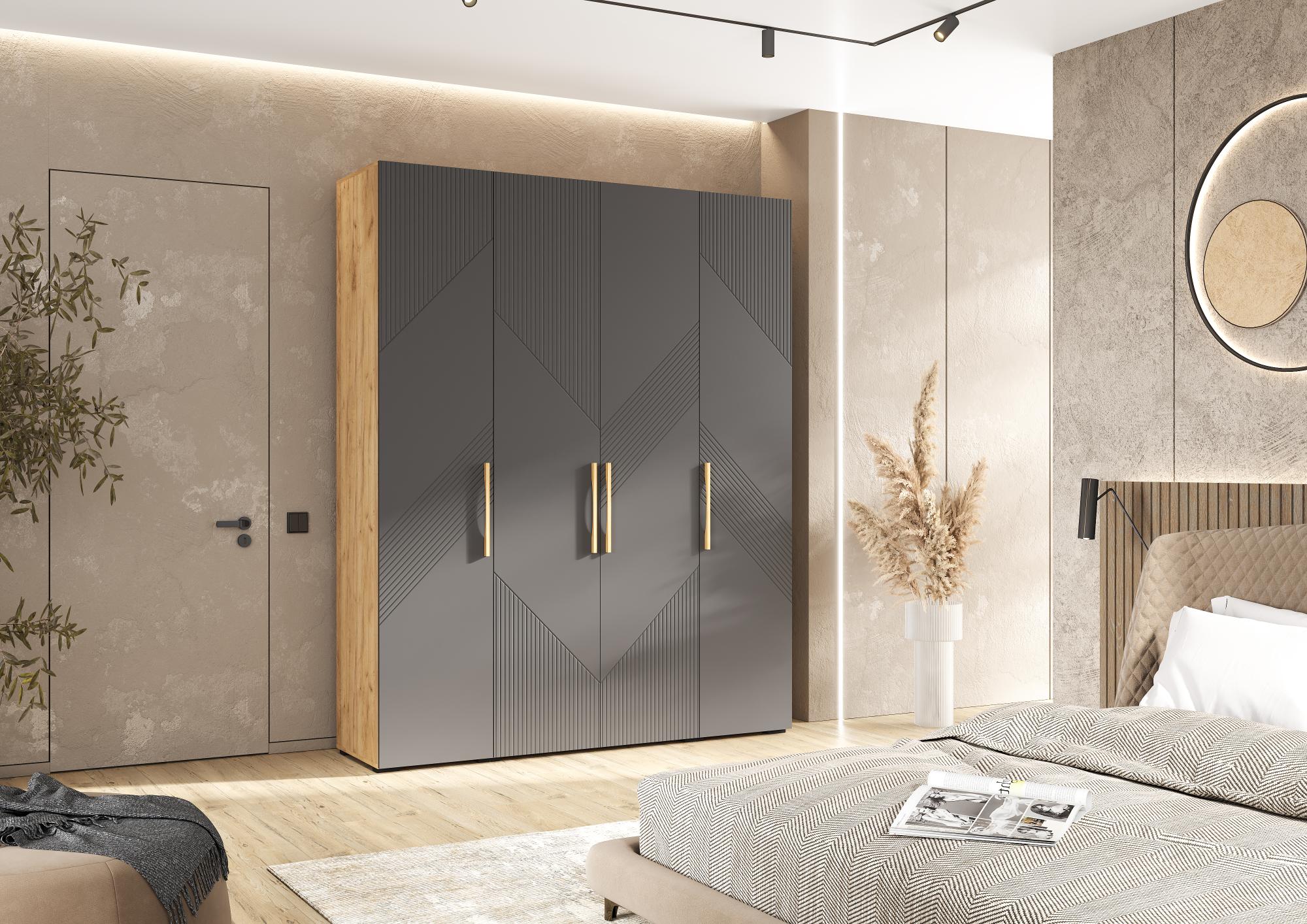 Шкаф четырехстворчатый Ирис, Браш Графит, Дуб Крафт