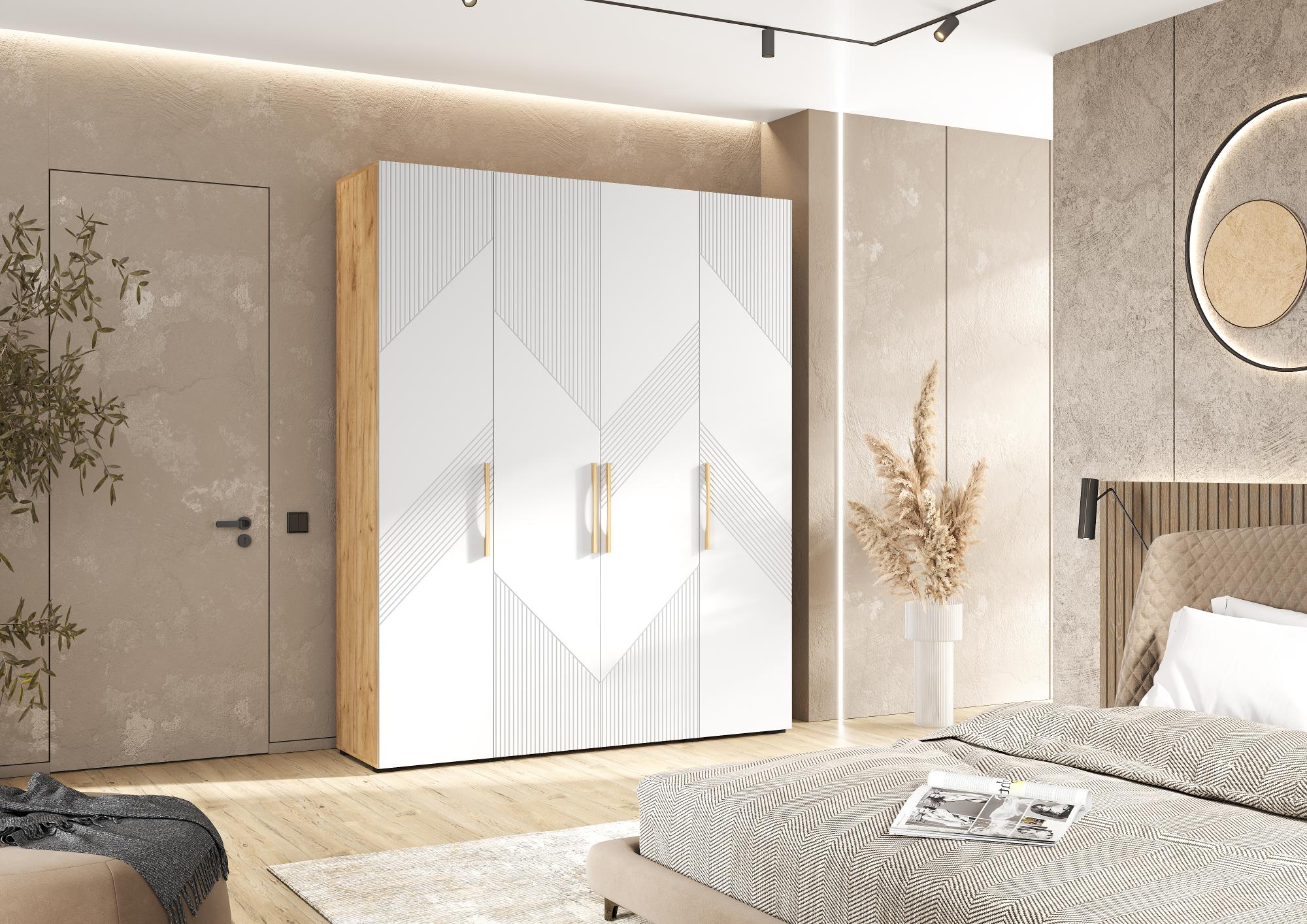 Шкаф четырехстворчатый Ирис, Браш Вайт, Дуб Крафт